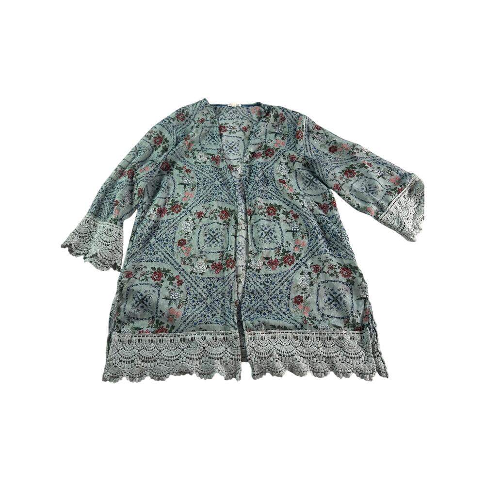 Mason & Belle Small Floral Kimono Cardigan Lace Trim Boho Festival Duster